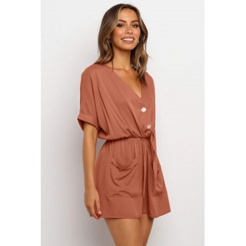 Army Green V Neck Tunic Romper with Pockets Rust Black